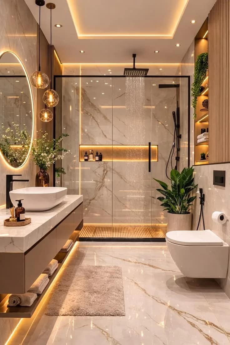 A bathroom by RGL Decors in book-matched marble with a walk-in rain shower