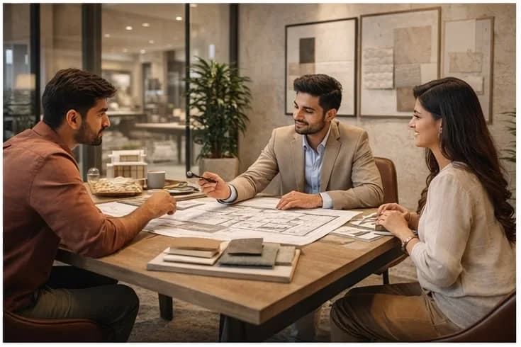 An RGL Decors designer walking a couple through floor plans and finish samples