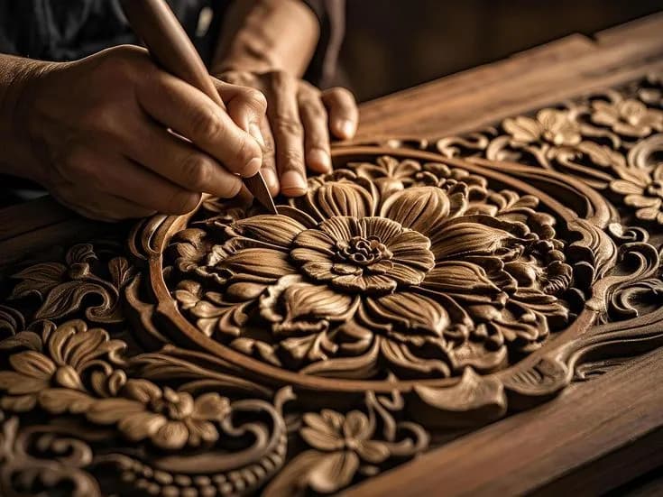 A craftsman hand-carving a floral timber panel with a chisel