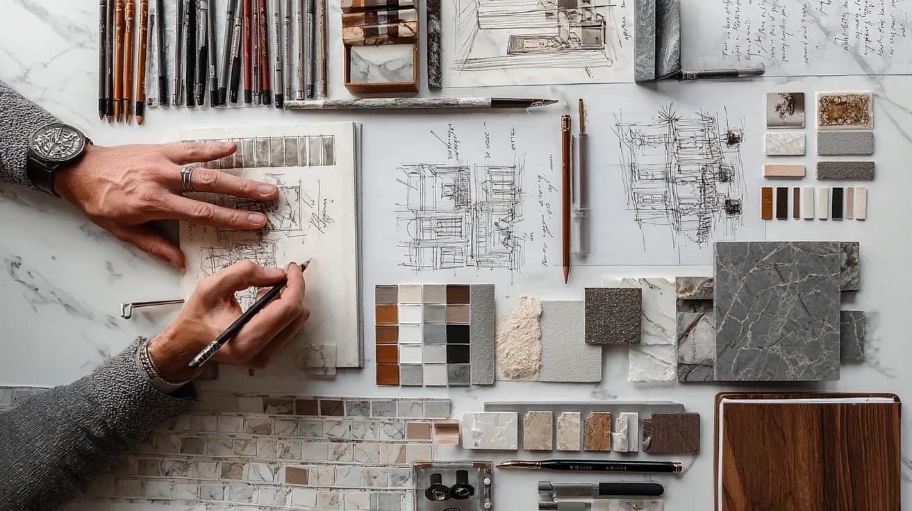 A designer's bench — hand sketches, pencils and a full palette of stone, timber and tile samples