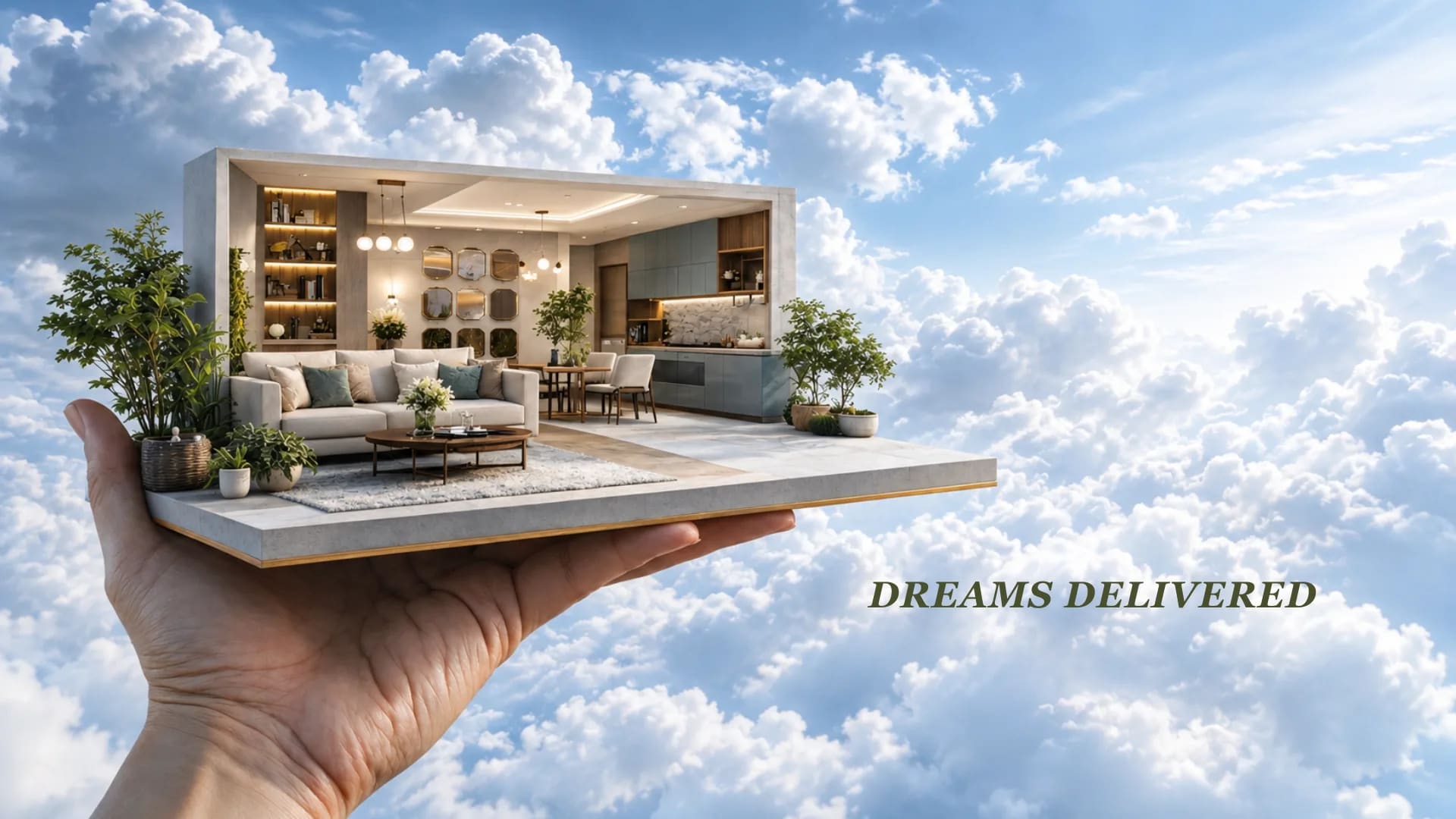 An RGL Decors living and dining interior held in an open hand above the clouds