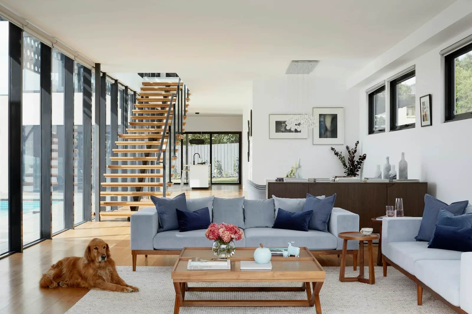 Interior with a textured accent wall and rich timber shelving