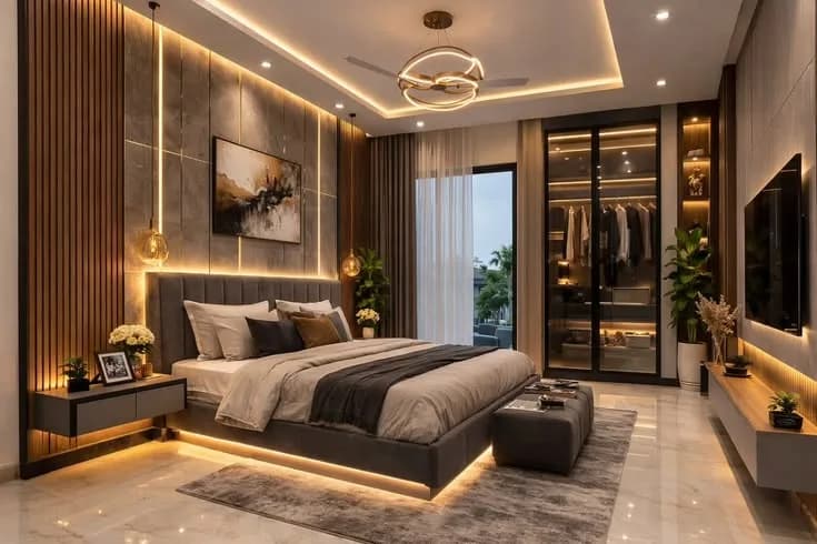 Full-height fitted wardrobes with integrated lighting