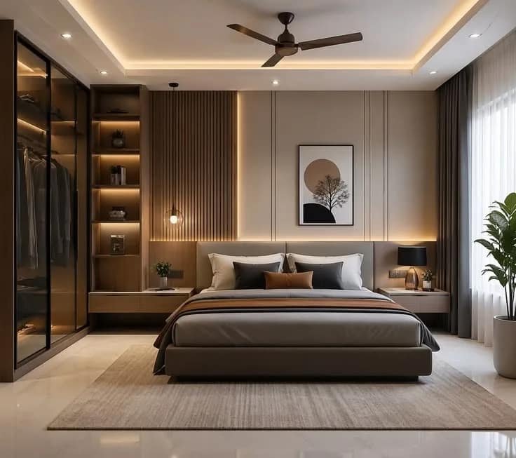 A bedroom by RGL Decors with a slatted headboard wall, fitted wardrobes and cove light
