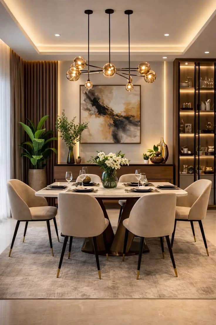 A dining room by RGL Decors with a lit display and crockery unit behind the table