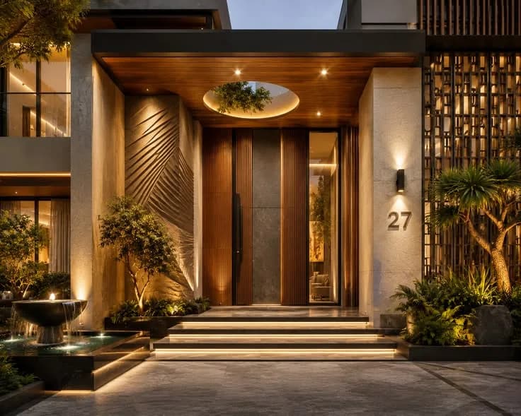 A lit entrance foyer by RGL Decors with fluted timber doors and a water feature