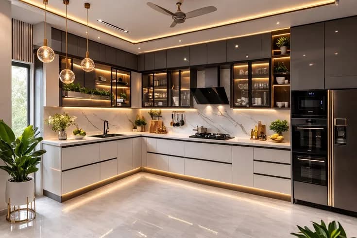 Compact modular kitchen with gloss shutters and under-cabinet lighting