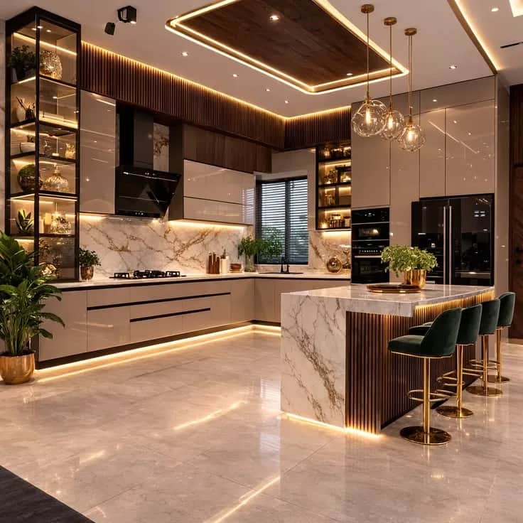 Contemporary modular kitchen with a stone worktop