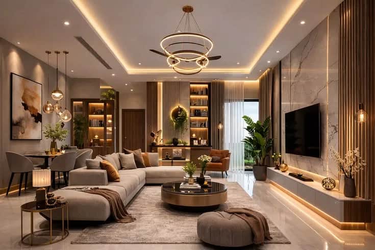 Modern living room with a full-height TV unit and warm timber